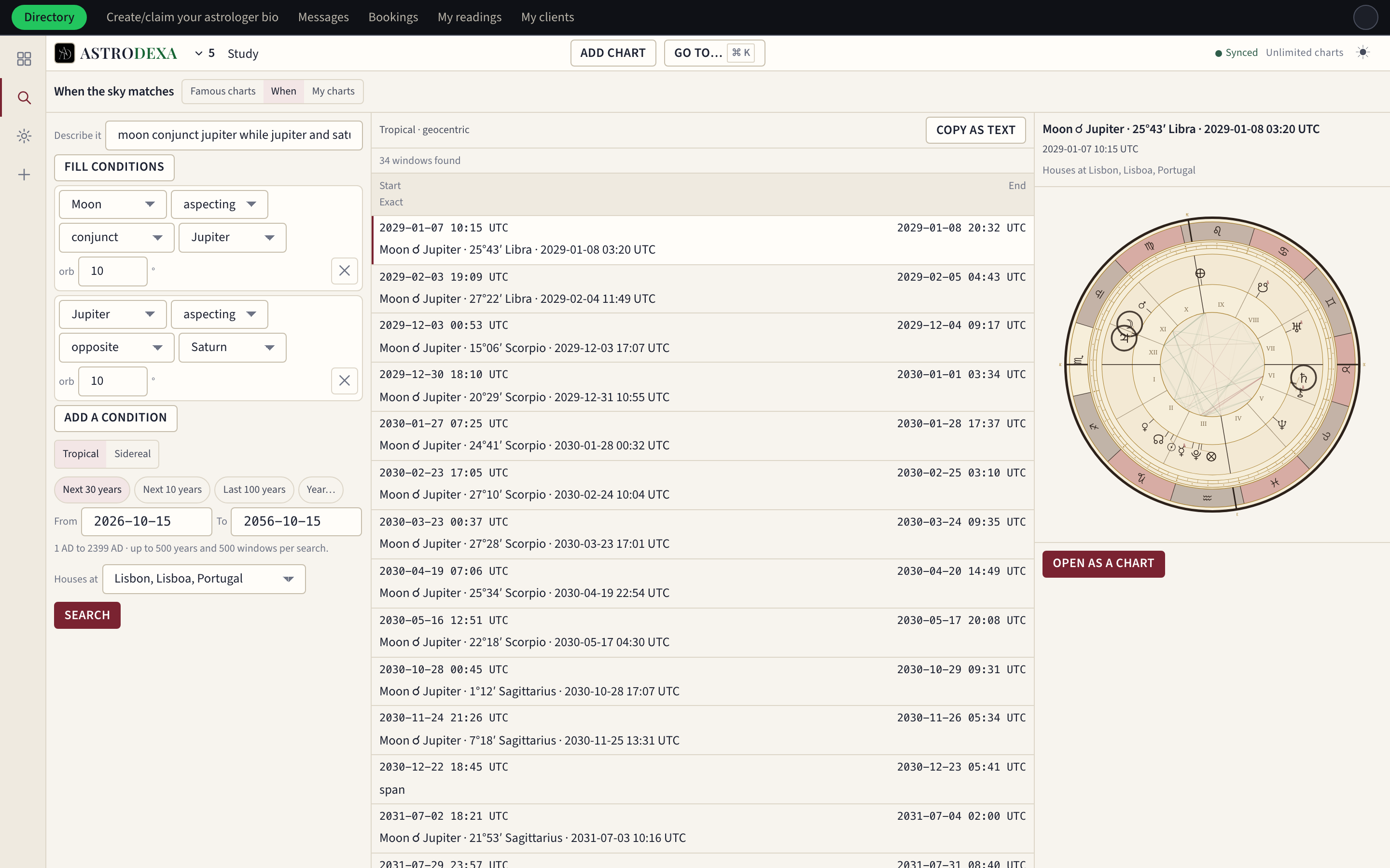 The date search: the windows in which a typed sky pattern forms